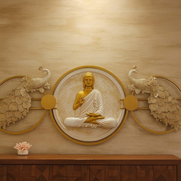 Golden Buddha & Peacocks – Handcrafted Spiritual Wall Décor