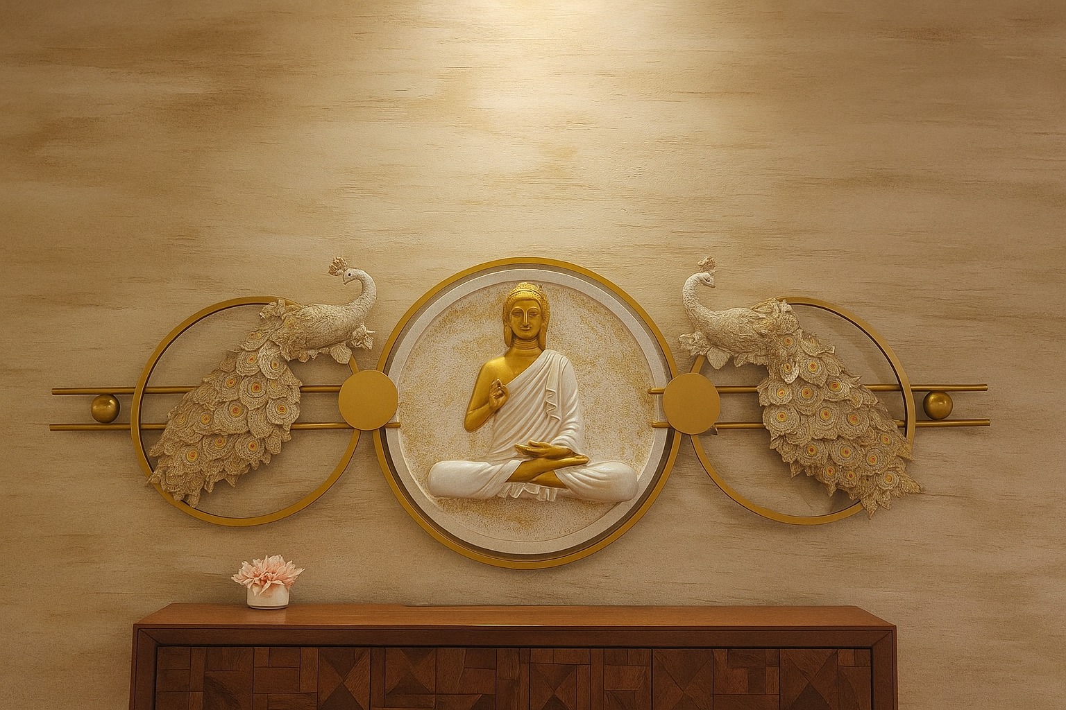 Golden Buddha & Peacocks – Handcrafted Spiritual Wall Décor