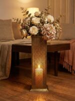 Antique Gold Jaali Design Floor Pedestal & Tall Lantern